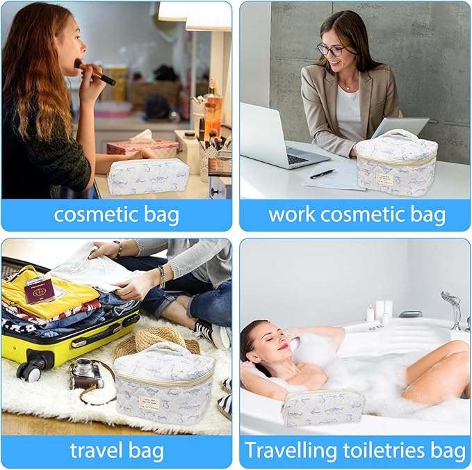 3 Piece Blue Quilted Makeup Bag, Large Capacity Travel Cosmetic Bag for Women and Girls, Aesthetic Storage for Daily and Travel Use (3pcs-BlueCatAnimal)