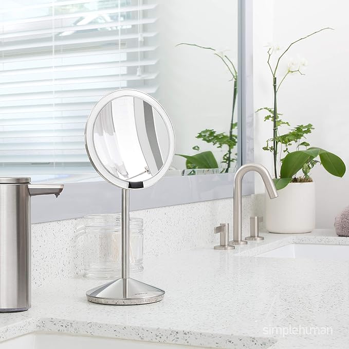 simplehuman Sensor Mirror, Travel Makeup Mirror with Lights, 10X Magnification, Lighted, Round, Free Standing, 5", Rose Gold Stainless Steel
