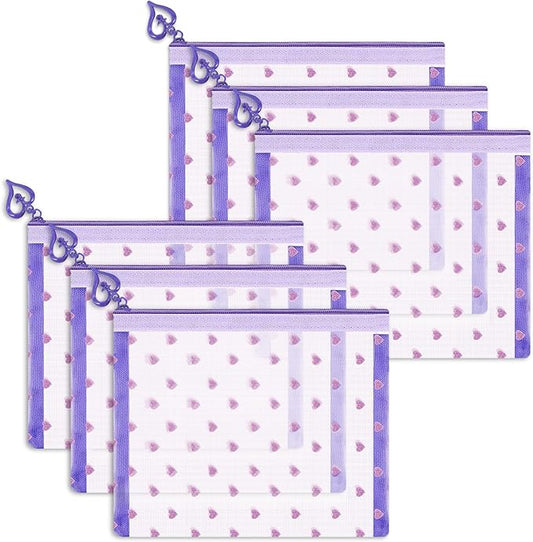 6 Pack Mini Zipper Mesh Makeup Bags, Heart Print Nylon Cosmetic Bags Toiletry Bags for Office Travel Organization (Purple, S)