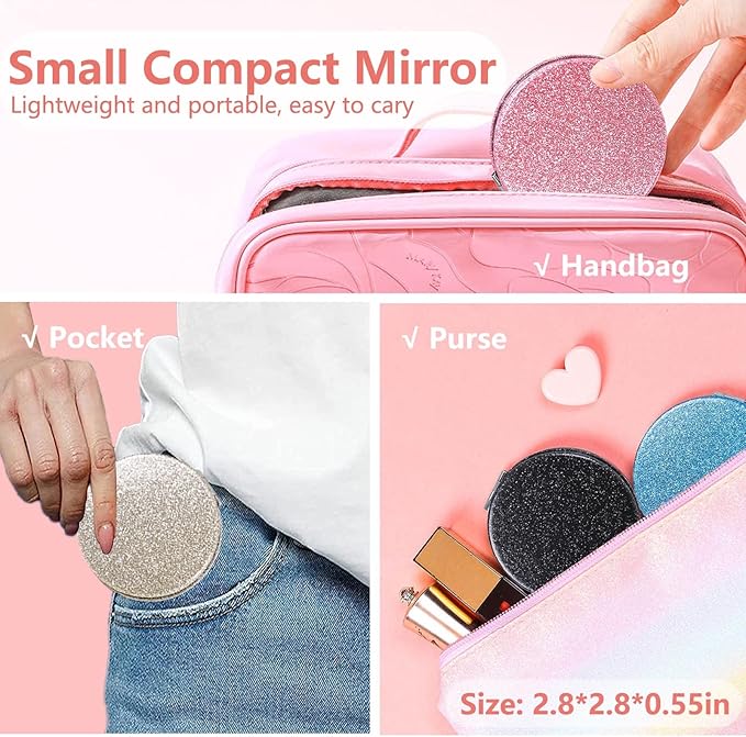 Acedada Compact Mirror, Pocket Mirror, Small Mirror for Purse with Glitter, Portable Travel Makeup Mirror, Folding Handheld 2-Sided 1x/2x Magnifying Compact Mirror for Women Girls - Silver