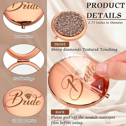 Barydat 10 Pieces Bridesmaid Gifts Set Magnifying Compact Mirror Bride I Do Crew Bridesmaid Proposal Gifts Travel Small Mirror for Purse Makeup Pocket Mirror for Women Wedding Party, Rose Gold