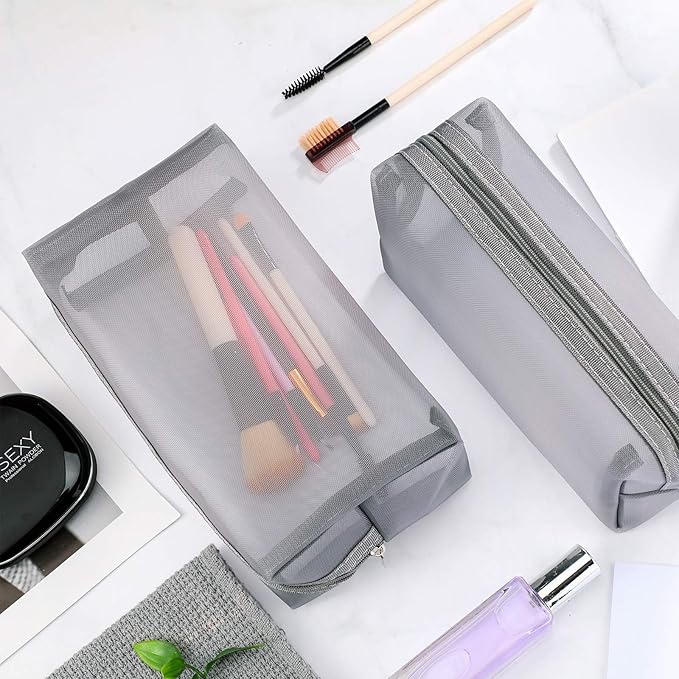 6 Pieces Mesh Makeup Bags Mesh Cosmetic Bag Portable Travel Organizing Zipper Pouch Toiletries Makeup Pouches for Home Office Travel Accessories (Gray)