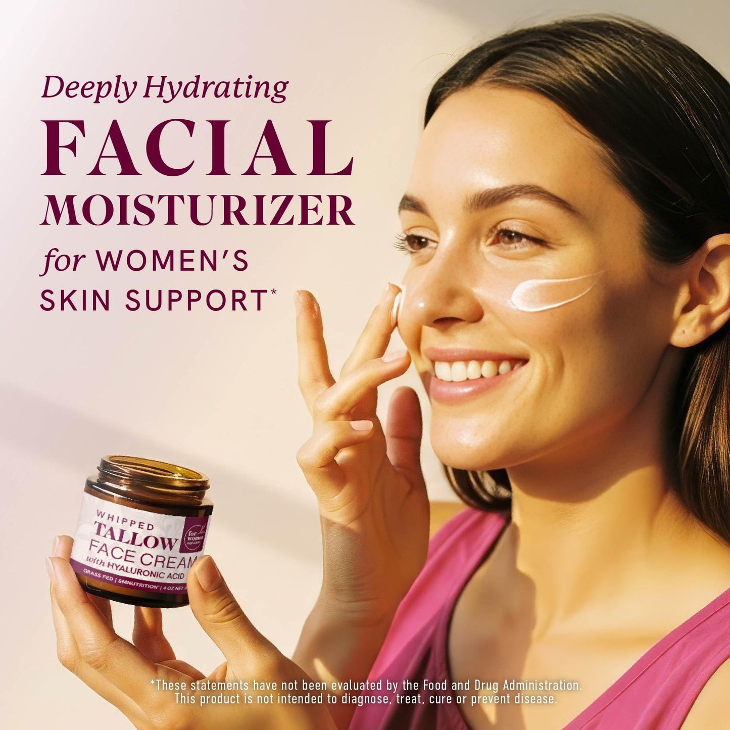 Beef Tallow Face Moisturizer for Women | With Hyaluronic Acid | Hydrating Whipped Beef Tallow for Skin Care for Women | With Jojoba & Sweet Almond Oil | Paraben & Cruelty-Free, Non-GMO | 4 oz