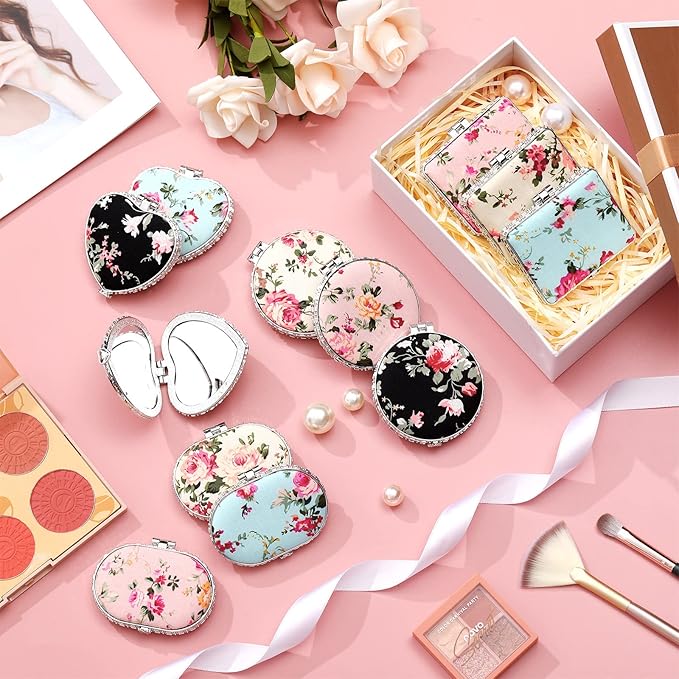 Blulu 16 Pcs Compact Mirror for Purse Small Flower Pocket Mirror Vintage Portable Floral Folding Tea Party Favors Birthday Gifts for Women Wedding Makeup Travel(Silver Edge)