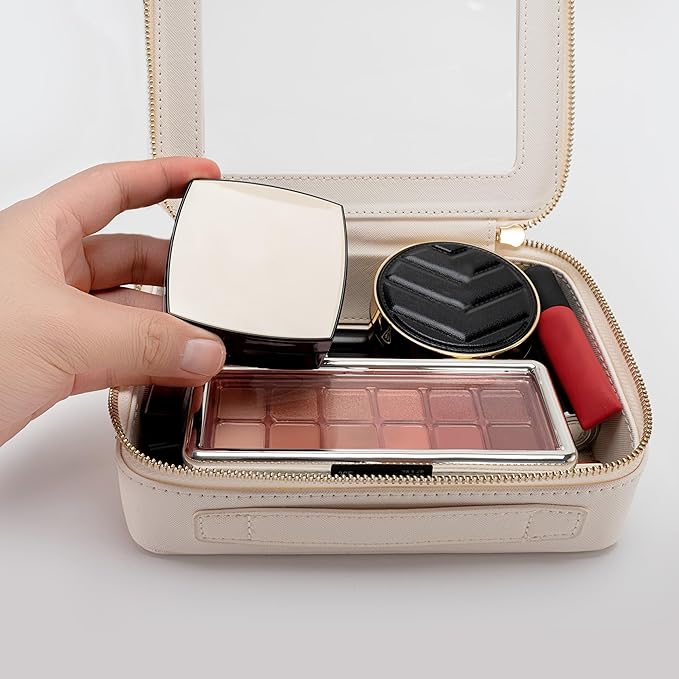 Aveniee Clear Makeup Bag Organizer, Portable Travel Toiletry Cosmetic Bag Case for Women, Heavy Duty Vegan Leather Make Up Pouch with Transparent Vinyl Windows & Gold Zippers 2pcs(Beige)