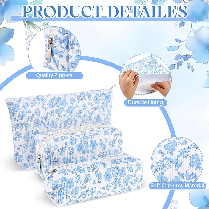 3 Pcs Makeup Bag Set for Women Corduroy Cosmetic Pouch Aesthetic Smile Travel Toiletry Bag Cute Purse Pouch Pencil Case Makeup Brushes Storage Organizer for Christmas(Blue, Flower)