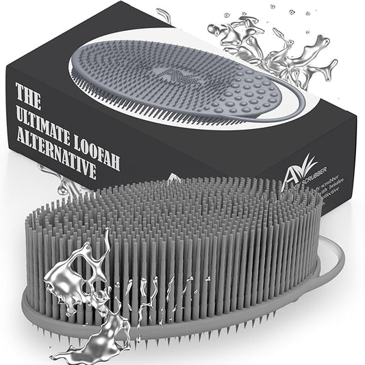 Avilana Silicone Body Scrubber – Dual-Sided Exfoliator for Men & Women, Gentle Loofah Alternative, Easy-to-Clean Silicone Shower Scrubber (S2-Gray with Silver)