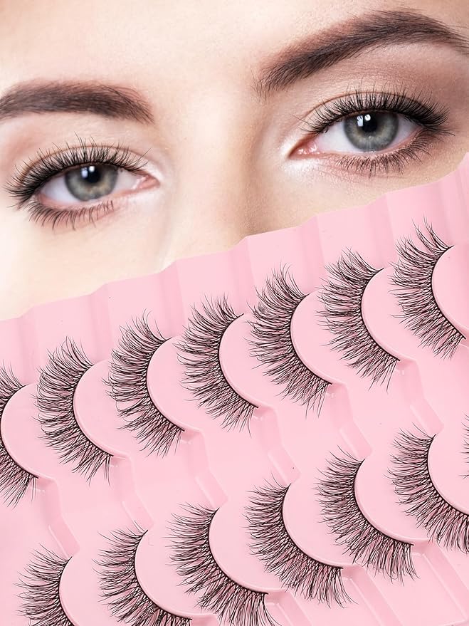 Lashes Wispy Eyelashes Natural Look 15mm Cat Eye Lashes Natural C Curl Soft Strip Lashes Fake Eyelashes 3D Volume Eye Lashes Pack 7 Pair Siligli Lash Eyelash