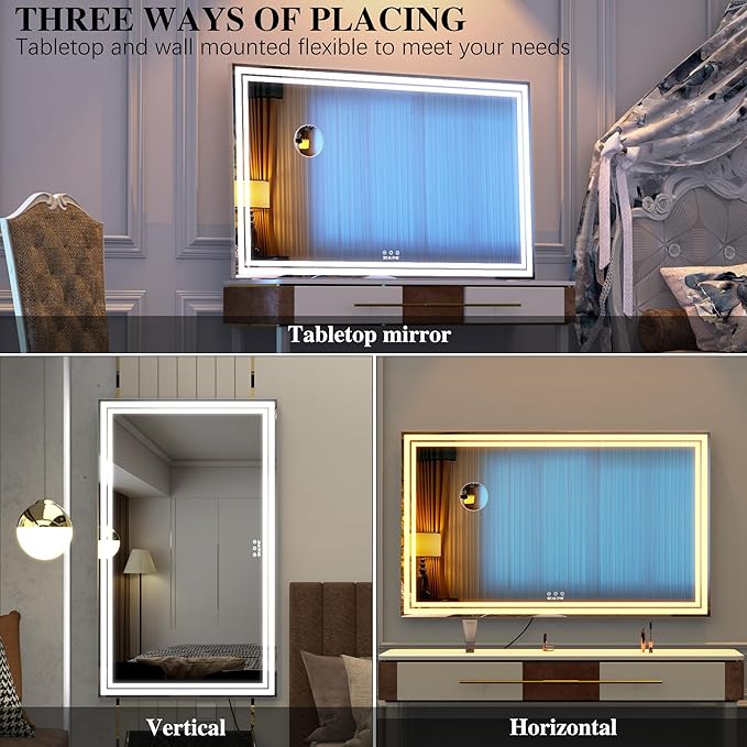 BEAUTME Vanity Mirror,40x24.3 Inch, Hollywood Mirror with Double Led Strips,Makeup Mirror for Dressing Room & Bedroom, Desktop Mirror/Wall Mounted Mirror 1.8M Charger Cable,Aluminium Frame,Silver