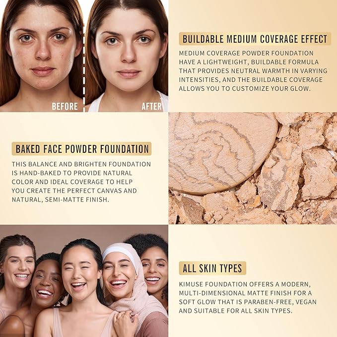 KIMUSE Baked Foundation, Brighten Color Correcting Powder Foundation, Lighting Glow Baked Foundation for Mature Skin, Buildable Coverage, Radiant Natural Finish