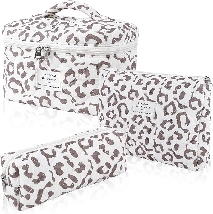3Pcs Cotton Quilted Makeup Bag Set,Large Floral Cosmetic Bag,Aesthetic Toiletry Travel Makeup Bag Set and Cute Flower Bag for Women Girls(White Leopard Print)