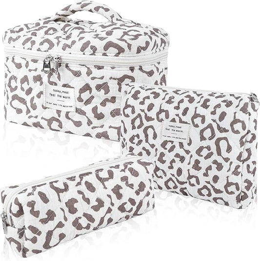 3Pcs Cotton Quilted Makeup Bag Set,Large Floral Cosmetic Bag,Aesthetic Toiletry Travel Makeup Bag Set and Cute Flower Bag for Women Girls(White Leopard Print)