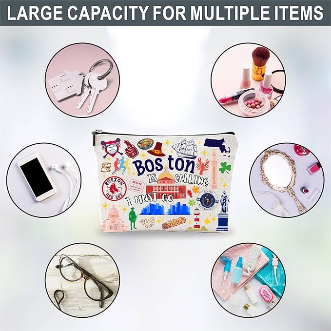 Boston Souvenirs Cosmetic Bags For Women，Boston Is Calling I Must Go, Makeup Organizer Bag, Toiletry Pouch, Small Travel Storage Bag, Boston Themed Gifts, Women Essentials - D08