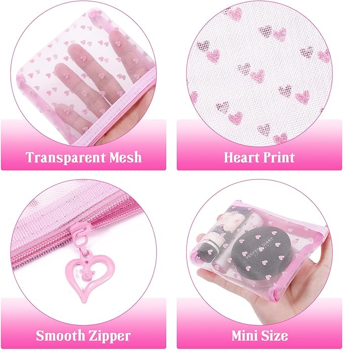 6 Pack Mini Zipper Mesh Makeup Bags, Heart Print Nylon Cosmetic Bags Toiletry Bags for Office Travel Organization (Widened-Pink, XS)