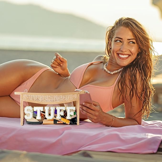 Boho Patch STUFF Cosmetic Bag - Summer Preppy STUFF Chenille Varsity Letter Toiletry Makeup Bag Clear Waterproof Travel Beach Makeup Pouch PVC Zipper Clutch Daily Use Purse for Women Girls