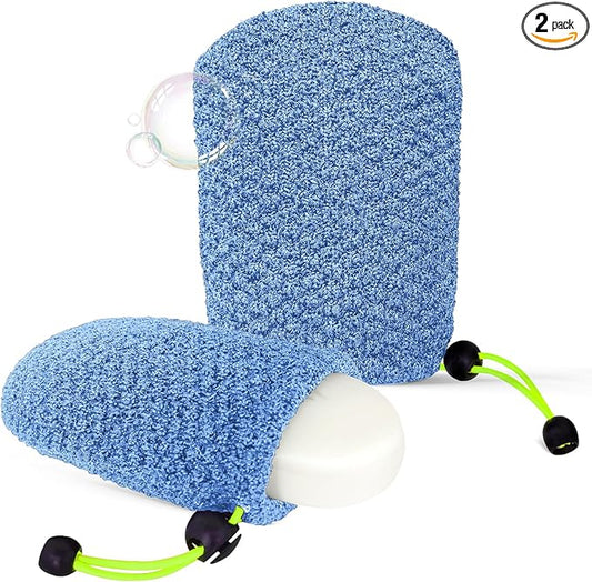 MIG4U Exfoliating Soap Bag for Shower 2 Pieces - Bar Soap Saver Pouch, Bamboo Body Scrubber Exfoliator Pocket in Travel Bathing, Blue