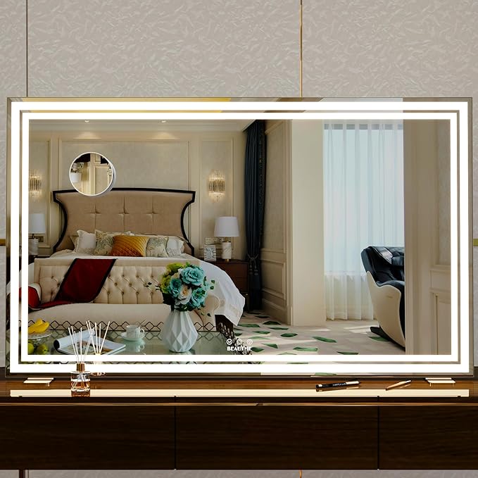 BEAUTME Vanity Mirror, Large Hollywood Mirror with Lights for Tabletop,Lighted Makeup Mirror for Dressing Room & Bedroom, Desktop Mirror/Wall Mounted Mirror 1.8M Cable,Silver(101.6 × 62cm)