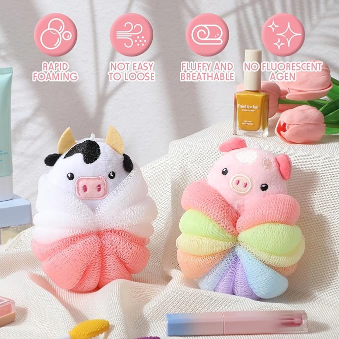 Nuenen 2 Pcs Bath Loofahs Kids Toddler Cute Cartoon Bath Sponges Loofah Pouf Body Scrubber Mesh Sponges for Children Shower Washing Exfoliating(Calf, Pig)