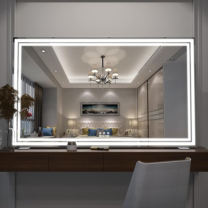 BEAUTME Vanity Mirror,40x24.3 Inch, Hollywood Mirror with Double Led Strips,Makeup Mirror for Dressing Room & Bedroom, Desktop Mirror/Wall Mounted Mirror 1.8M Charger Cable,Aluminium Frame,Silver