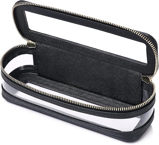 Makeup Brush Case Clear Travel Cosmetic & Toiletry Bag Slim Makeup Bag with Zipper Small Purse Organizer Car Essential Bag for Women (Black, SLIM-1)