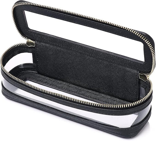 Makeup Brush Case Clear Travel Cosmetic & Toiletry Bag Slim Makeup Bag with Zipper Small Purse Organizer Car Essential Bag for Women (Black, SLIM-1)