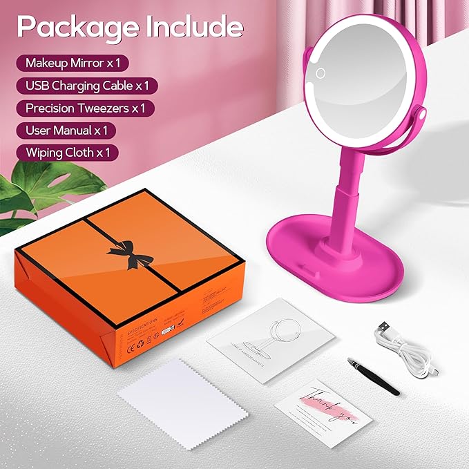 B Beauty Planet Makeup Mirror with Lights, Lighted Magnifying Mirror 20X with 3 Lighting and Adjustable Brightness, 2-Sided Height Adjustable Vanity Mirror for Bathroom, Gifts for Women Hot Pink