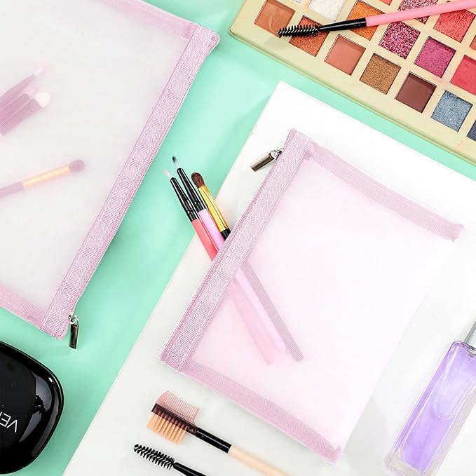 6 Pieces Mesh Makeup Bags Mesh Cosmetic Bag Portable Travel Organizing Zipper Pouch Toiletries Makeup Pouches for Home Office Travel Accessories (Light Pink)