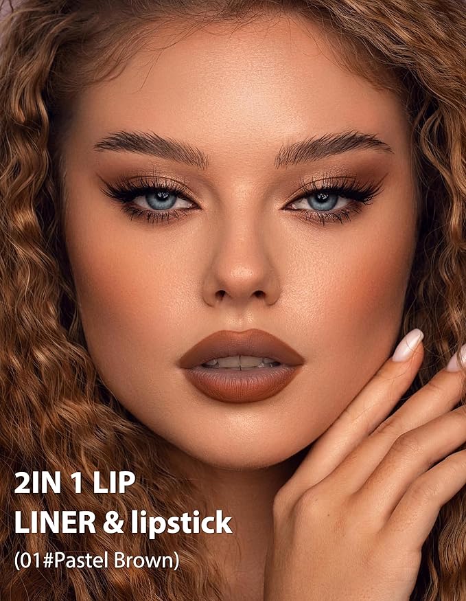 2-in-1 Lip Liner and Lipstick Lip Combo Set, Matte Nude Dark Brown Red Lip Liners, High Pigmented Long Lasting Waterproof Smudge Proof Crayon Makeup 01#