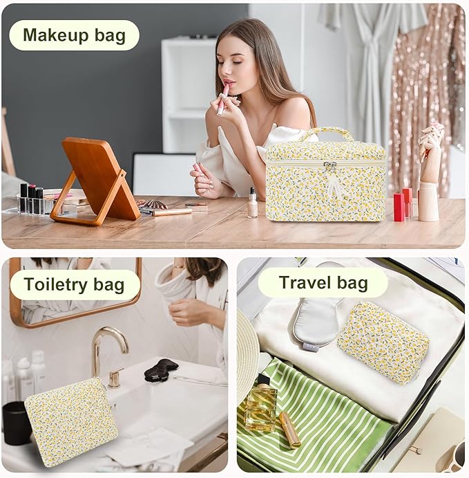 4Pcs Quilted Makeup Bag Set Cute Floral Cosmetic Bag Cotton Coquette Make up Bag Aesthetic Travel Toiletry Bag for Women Girls