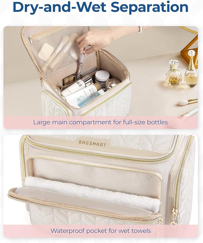 BAGSMART Travel Toiletry Bag, Large Wide-open Travel Bag for Toiletries, Makeup Cosmetic Travel Bag with Handle-Grey