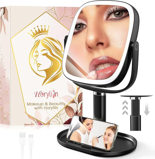 Makeup Vanity Mirror with Lights - 10x/1x Magnifying Mirror with Light, Rechargeable Desk Mirror with 3-Color Lighting & Memory Function, 360° Adjustable Table Mirror, Gift for Women (Black)