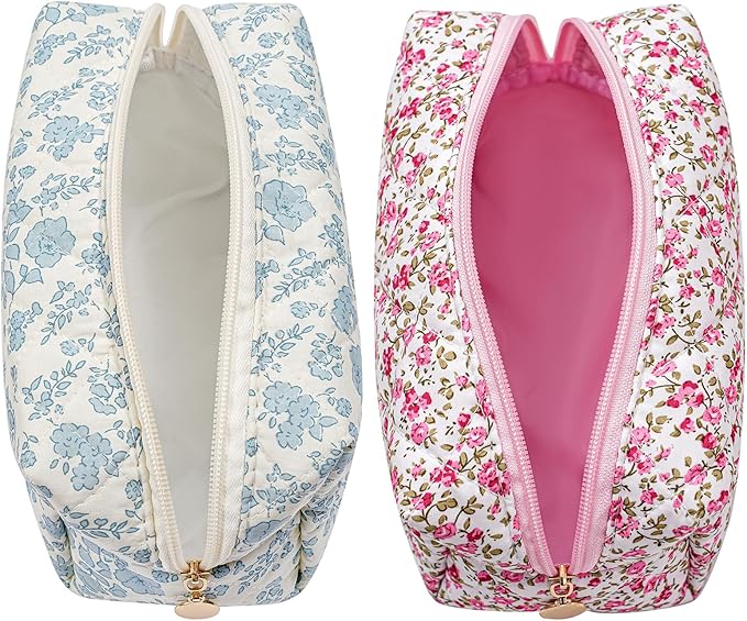 Makeup Bag Travel Cosmetic Bag for Women Girls, Zipper Make Up Pouch, Floral Flowers Toiletry Organizer Makeup, Portable Storage Cosmetic Travel Cloth Bag (Blue Floral+Flower-Red)