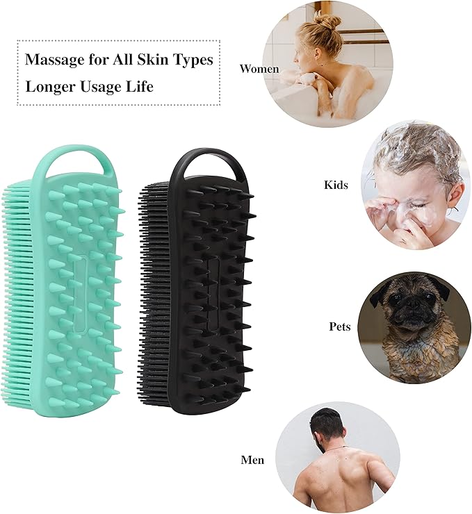 2 PC Silicone Exfoliating Body Scrubber, 2 in 1 Silicone Body Shampoo Brush, Soft Silicone Loofah for Sensitive Skin, Shower Silicone Hair Scalp Massager, Easy to Clean, Lather Well (Black&Green)