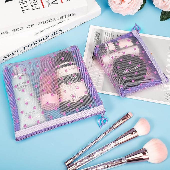 6 Pack Mini Zipper Mesh Makeup Bags, Heart Print Nylon Cosmetic Bags Toiletry Bags for Office Travel Organization (Widened-Purple, S)