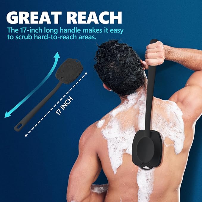Silicone Back Scrubber for Shower, Detachable Long Handle Body Scrub Brush, Shower Brush for Shower Exfoliating and Message, Dual Purpose Overall Cleaning - Black