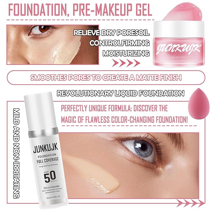 Color Changing Foundation Set,Flawless Liquid Foundation Full Coverage with Makeup Base Gel & Makeup Sponge Egg