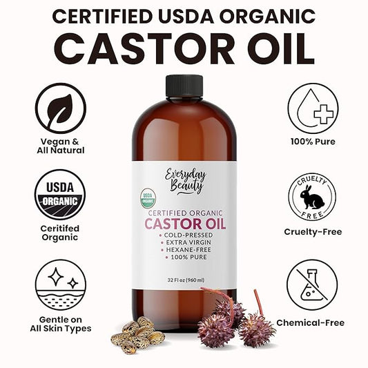 Organic Castor Oil - 100% Pure Certified USDA Organic, Cold Pressed & Hexane-Free, For Eyelashes, Eyebrows, Hair, Skin & Wellness Packs - 32 Fl Oz