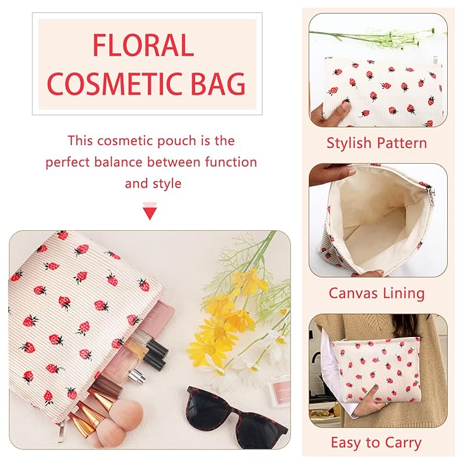 Makeup Bag for Women Large Corduroy Cosmetic Bags Travel Pouch for Purse Zipper Toiletry Bags Organizer Y2K Cute Aesthetic Trendy Makeup Brushes Storage Bag Travel Essential (Beige Strawberry)