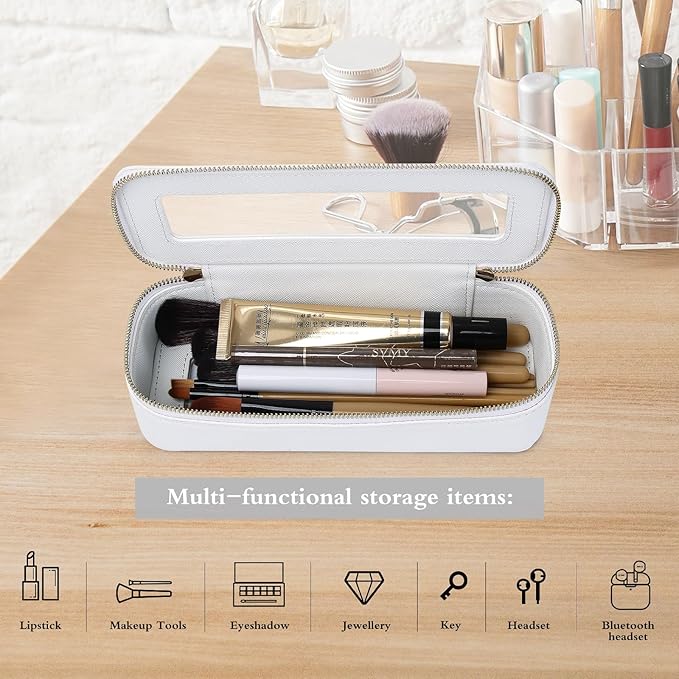 Makeup Brush Case Clear Travel Cosmetic & Toiletry Bag Small Makeup Bag with Zipper Purse Organizer Car Essential Bag for Women (White, SLIM)