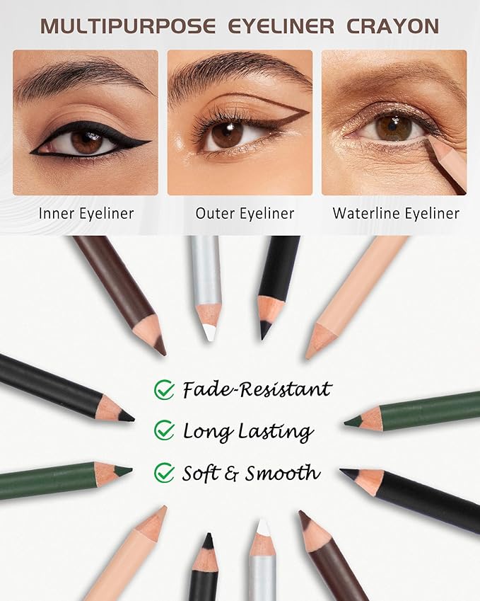 6 Colors Eyeliner Gel Pencil Set, Waterproof Smudge proof Long Lasting Rich Color, Nude Black Brown White Blue Green Eye Liner Pencil Waterline, Multi-Use Cream Eyeliner Brightener Pen with Sharpener