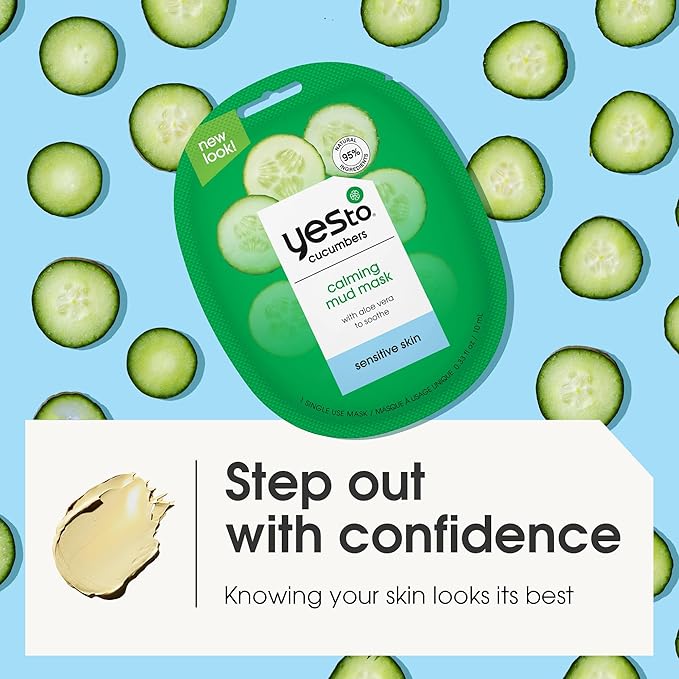 Yes To Cucumbers Calming Mud Mask with Aloe Vera for Sensitive Skin, for Men, Women and Teens, No Paraben, 3 Pack
