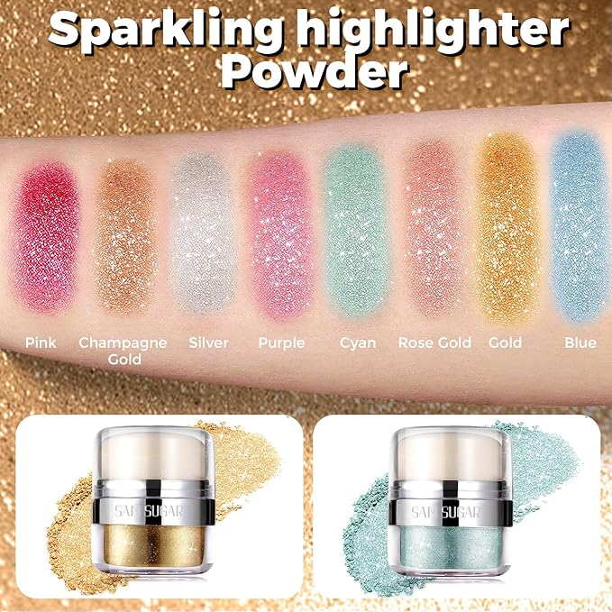 Body Shimmer Powder, 2PCS Glitter Highlighter Powder for Face, Liquid Highlighter Blush Body Glow Shimmer Stick for Eyes, Hair (2, Cyan/Gold, 32 g)