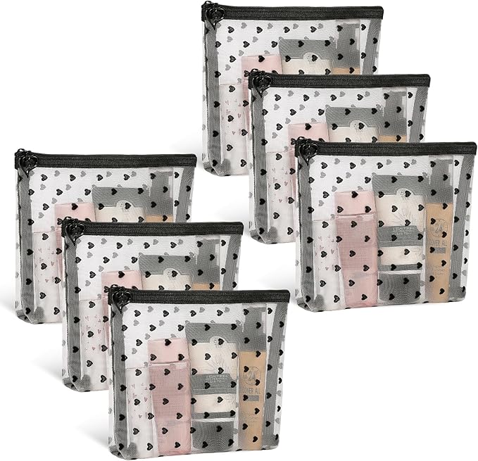 6 Pack Mini Zipper Mesh Makeup Bags, Heart Print Nylon Cosmetic Bags Toiletry Bags for Office Travel Organization (Widened-Beige, S)
