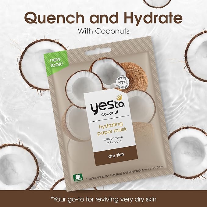 Yes To Coconut Hydrating Paper Mask with Coconut to Hydrate Dry Skin, for Men, Women and Teens, No Paraben, 3 Pack