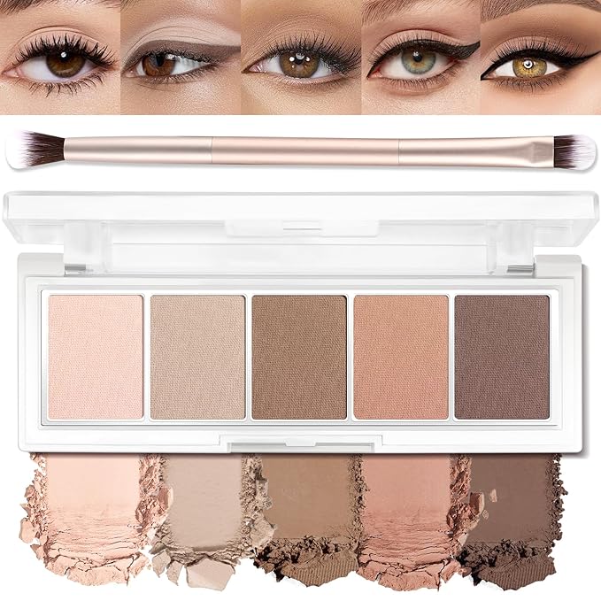 5 Colors Matte Eyeshadow Palette with Brush - Neutral Nude Taupe Brown Eye Shadow Palette Makeup, Natural Waterproof Cool-Toned Eyeshadow for Green & Blue & Brown Eyes and Smokey Makeup, 02#