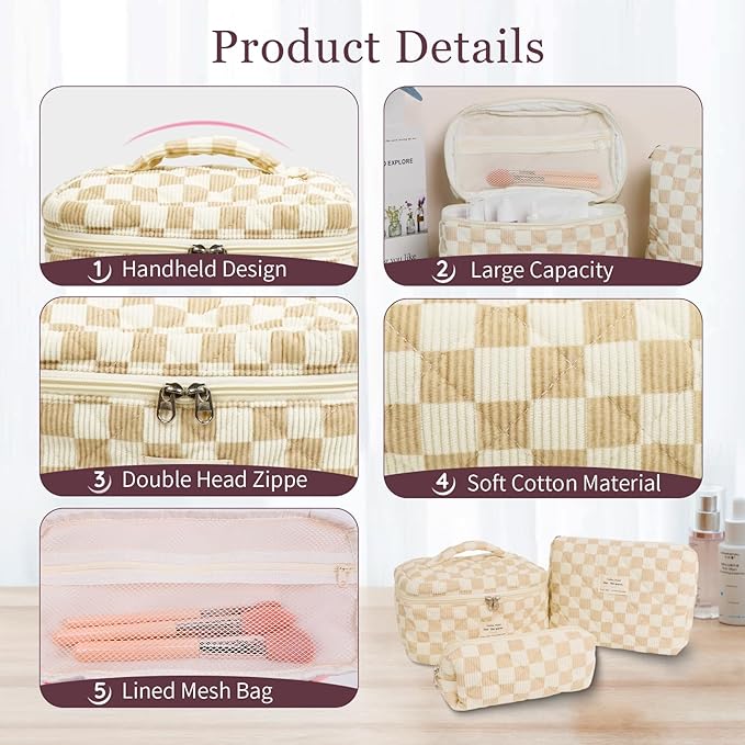 3Pcs Cotton Quilted Makeup Bag Set,Large Floral Cosmetic Bag，Aesthetic Toiletry Travel Makeup Bag Set and Cute Flower Bag for Women Girls (White Brown Plaid)