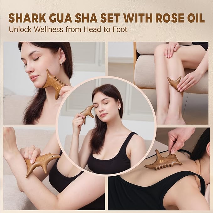 Body Gua Sha Tool Set with Rose Oil, Christmas Gifts for Adults Women, Wood Therapy Massage Tools for Body & Face, Lymphatic Drainage Massager for Relaxation, Deep Tissue Massage & Foot Care