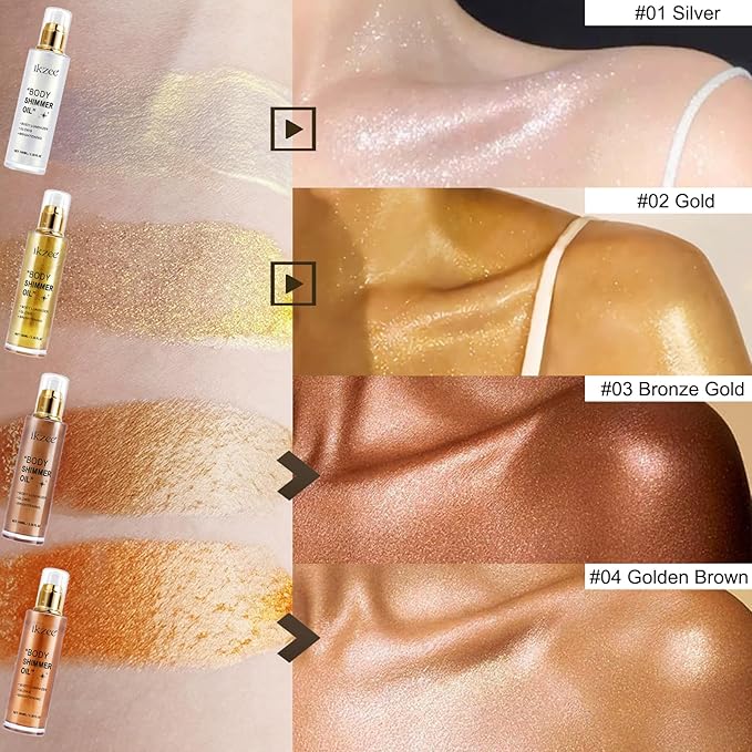 Body Glow Shimmer Oil 100ml, Moisturizing Long Lasting Face Brightener, Waterproof Liquid Illuminator, Highlighter for Summer Tanning (#01 Silver)
