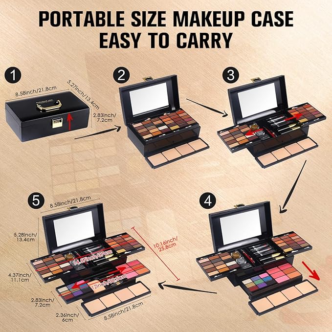 Professional Makeup Kit for Women Girls Full Kit with Mirror 58 Colors All in One Make up Gift Set Included Eyeshadow,Compact Powder,Blusher,Lipstick,Eyebrow Pencil,Gitter Gel,Eyeliner,Mascara (Y)