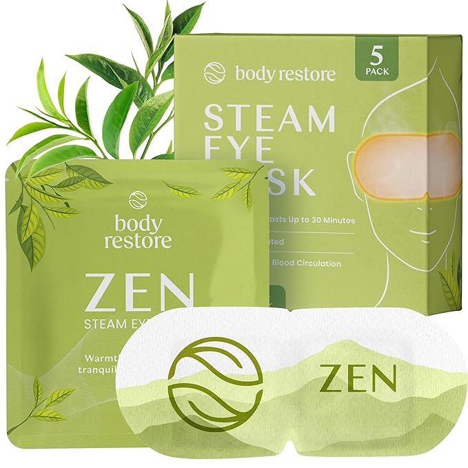 Body Restore Self Heated Steam Eye Mask 5 Pack - Easter Basket Stuffers, Relaxation Gifts for Her and Him, Best Friend, Stye Eye Treatment, Disposable Heating Pad, Travel Essentials - Green Tea